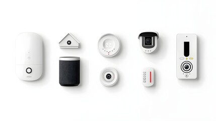 Aufkleber - A collection of smart home technology devices and icons including a speaker thermostat security other connected appliances displayed in a clean organized grid on a white background