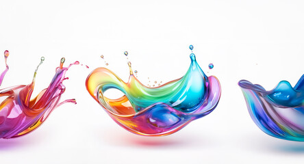 Wall Mural - three vibrant splashes of colorful liquid are suspended mid-air against a white background, creating