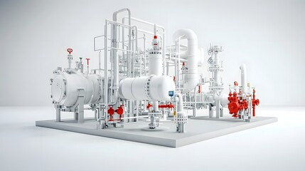 Poster - A complex and intricate pressurized pipeline system featuring an array of tanks valves pipes and other industrial equipment set against a clean and minimalist white background