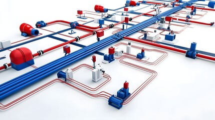 Leinwandbilder - A complex and organized digital layout depicting an intricate network of sewer pipes valves and connections in a design against a bright white backdrop