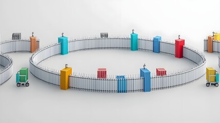 Poster - A conceptual 3D showing colorful shipping containers encircled by a fence or wall symbolizing the impact of protectionist policies on global trade and the flow of international goods