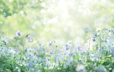 Wall Mural - Soft spring morning light kisses anemone. bluebells sway gently, bringing sense of peace and serenity in this beautiful meadow