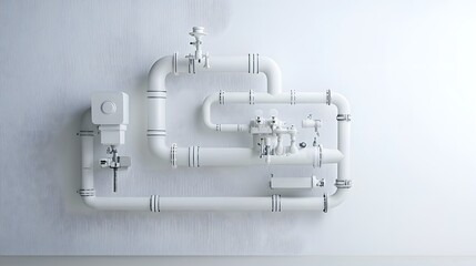 Poster - A detailed and complex network of interconnected white metal pipes and valves representing an underground water distribution system against a minimalist white backdrop