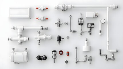 Aufkleber - A detailed arrangement of various plumbing pipes connectors valves and other fittings displayed in an organized grid on a clean white background