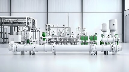 Aufkleber - A detailed view of a complex pressurized pipeline system with various valves gauges and interconnected tubes arranged in a clean sterile industrial workspace