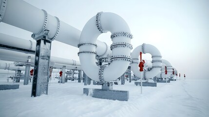 Poster - A detailed view of a network of large industrial pipes and valves in a factory or processing plant set against a plain white backdrop