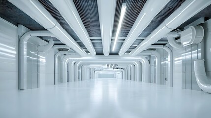 Leinwandbilder - A futuristic minimalist interior with a complex grid of industrial pipes and ducts running across a clean white backdrop