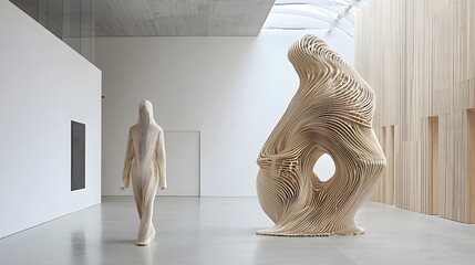 Poster - A modern minimalist sculptural installation featuring smooth curving wooden forms that evoke a sense of fluid motion and organic shapes in a clean open gallery space