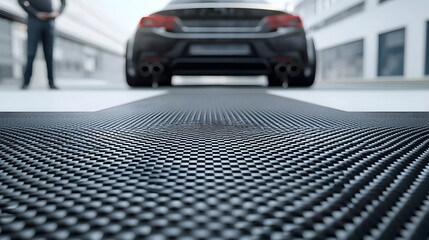 Leinwandbilder - A detailed close up view of a carbon fiber textured surface featuring a sleek futuristic geometric pattern design against a minimalist white background