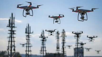 Poster - Aerial view of several drones flying in close proximity to a network of electrical transmission towers and communication equipment