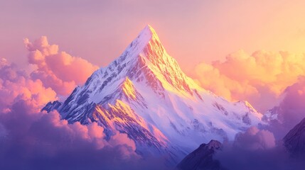 Wall Mural - Majestic snow-capped mountain at sunset with vibrant clouds, serene nature scene