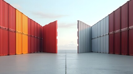 Poster - An abstract image depicting fragmented global supply chains disrupted by the presence of tariff walls symbolizing trade barriers and economic isolation