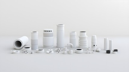 Poster - An arrangement of various white plastic pipes connectors and fittings displayed against a clean minimalist background showcasing the different components of a plumbing or utility system