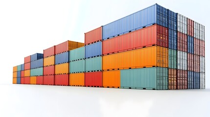 Poster - An depiction of stacked shipping containers in various vibrant colors against a clean white backdrop symbolizing global trade logistics and transportation