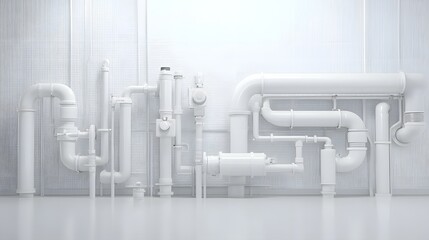 Poster - An intricate and organized system of white plastic and metal water drainage pipes valves and connectors arranged in a minimalist functional layout against a bright clean background