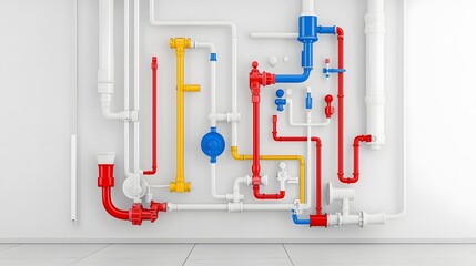 Poster - An intricate network of multi colored pipes valves and fittings showcasing the inner workings of a comprehensive plumbing system against a minimalist white backdrop