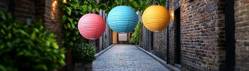 Wall Mural - Way of life tradition philosophy concept, Colorful lanterns hang above a charming stone alleyway, surrounded by lush greenery, creating a vibrant and inviting atmosphere.