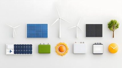 Leinwandbilder - Assortment of renewable energy icons including solar panels wind turbines and batteries arranged in a row against a clean white background
