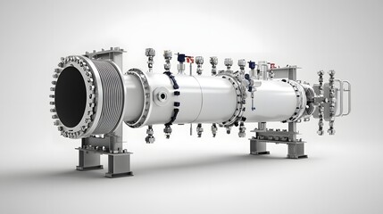 Poster - Close up image of a complex industrial heat exchanger system with intricate network of pipes valves and connections on a plain white background