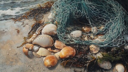 An artistic arrangement of shells seaweed and fishing net on sand