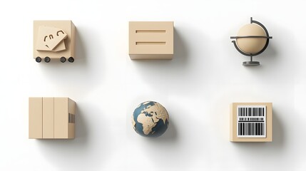 Fototapete - Collection of logistics related icons and symbols including a shipping box globe representing the world and a barcode for product tracking and inventory management