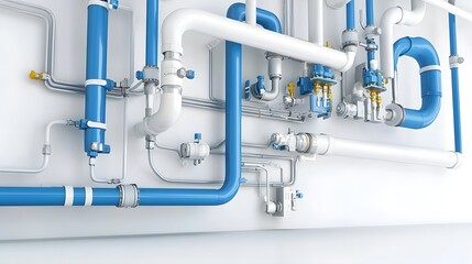 Fototapete - Detailed cross section view of an intricate industrial plumbing system showcasing an organized network of interconnected pipes valves and fittings against a clean white background