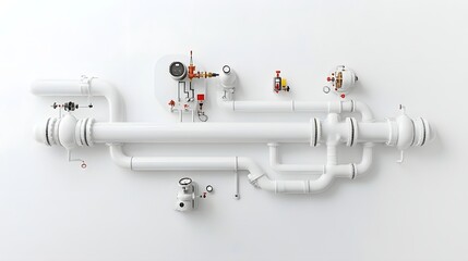 Poster - Detailed view of a complex gas distribution pipe assembly system with various valves connectors and components displayed against a plain white background for a clean technical appearance