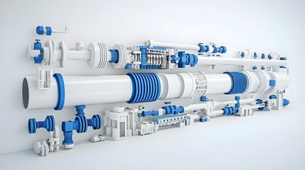 Poster - Detailed view of an intricate network of interconnected PVC pipes valves and fittings against a plain white background