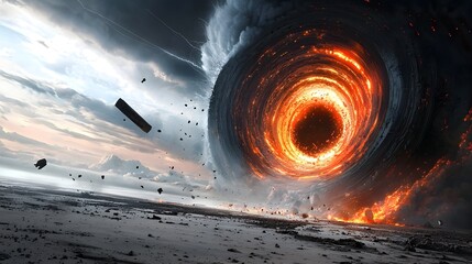 Leinwandbilder - Dramatic and captivating image depicting a swirling fiery vortex of cosmic energy drawing in objects from an unknown realm or dimension
