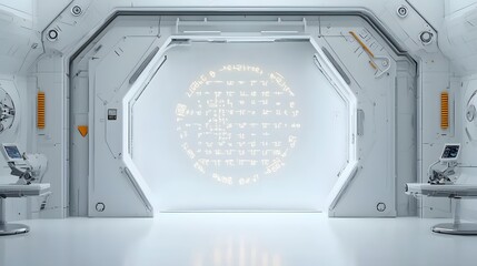Wall Mural - illuminated complex equations and symbols displayed on the walls of a futuristic high tech research 