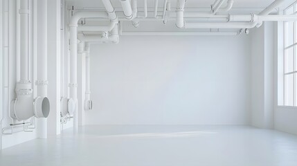 Aufkleber - Image of an industrial HVAC system with intricate network of pipes and ducts against a clean minimalist white background in a modern commercial or warehouse interior setting