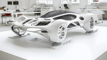 Fototapete - Intricate and lightweight carbon fiber lattice structure showcasing an advanced innovative industrial design concept on a clean white backdrop