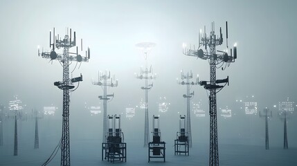 Poster - representation of a futuristic cityscape featuring towering high tech structures equipped with scientific monitoring devices scanning the atmospheric environment for unexplained celestial phenomena