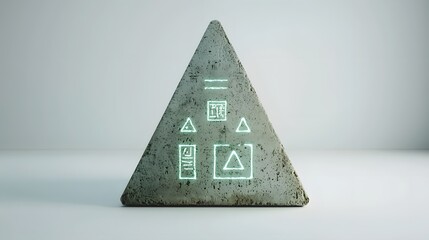 Aufkleber - representation of a geometric minimalist artifact with glowing green symbols against a plain white background creating an intriguing futuristic and conceptual visual display