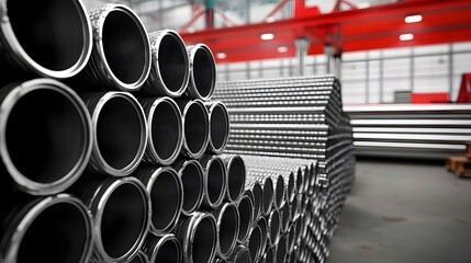 Poster - Rows of welded metal pipes neatly stacked and organized in a large industrial facility or warehouse environment
