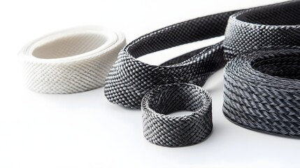 Leinwandbilder - Striking image showcasing the visual elegance of intertwining carbon fiber strands forming sleek curved designs on a clean white background
