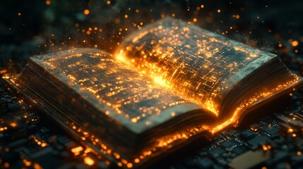 Fototapete - Open book glowing with digital lights and patterns, futuristic technology concept