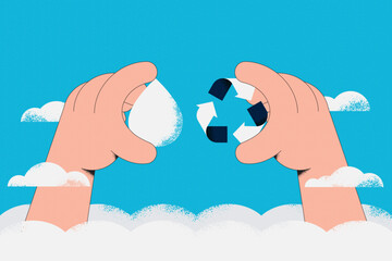 Aufkleber - Save Water Concept. Hand holding Recycling symbol and drop of water. Sustainable ecology and environment conservation concept design. Vector illustration.