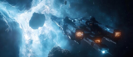 Wall Mural - futuristic deep space panorama with glowing blue nebula clouds and advanced space station technology