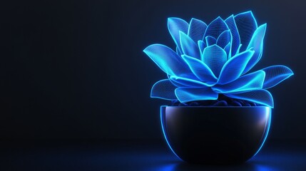 Leinwandbilder - Blue neon glowing succulent in black pot on dark background. Futuristic design concept