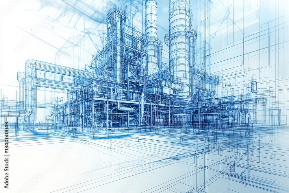A detailed blueprint of a modern industrial facility showcases intricate design elements and structural features.
