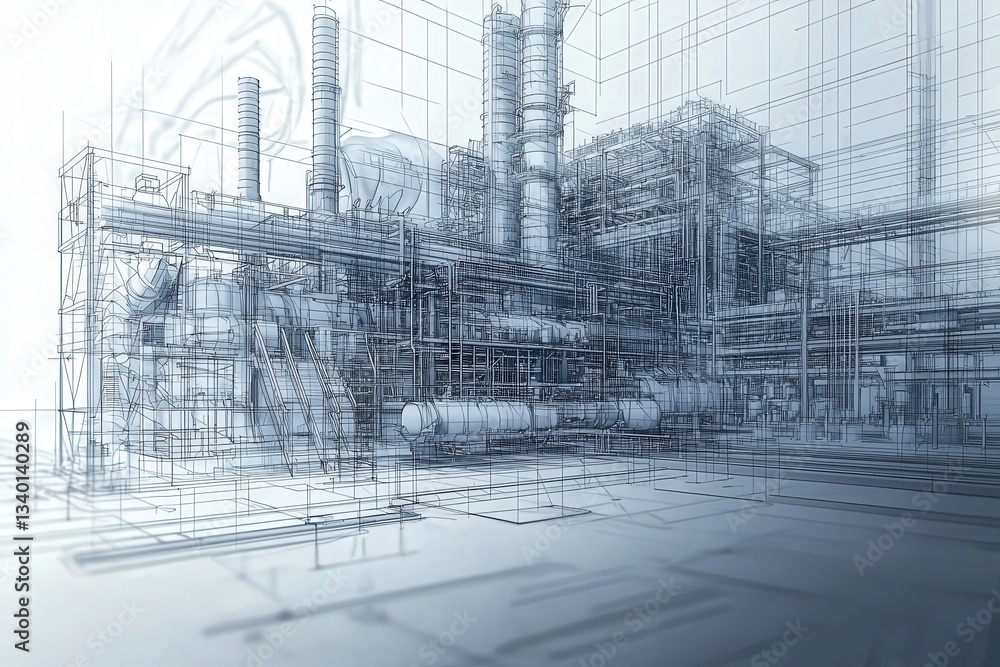 Complex layout of an industrial facility emphasizing various components like pipes and machinery. The design represents careful planning and engineering, highlighting the various parts and structures.