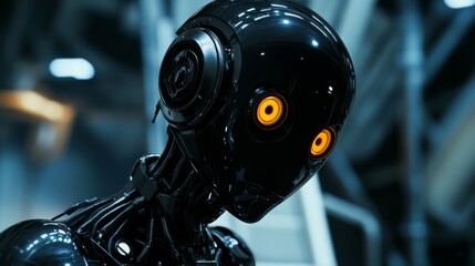 Aufkleber - Futuristic black robot with glowing orange eyes in tech environment, AI technology concept