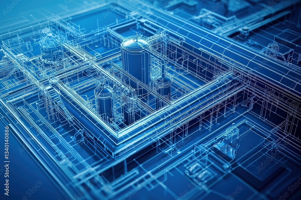 A blueprint presents a complex design of an industrial facility, highlighting various sections and systems.