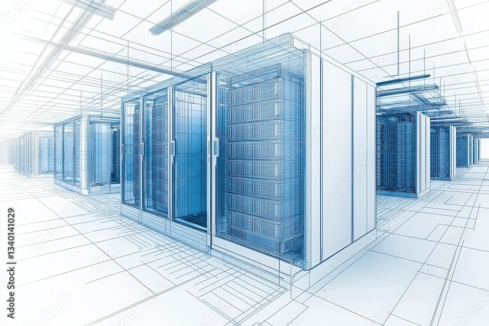 The illustration showcases a detailed layout of a data center featuring several server racks arranged in a spacious environment.