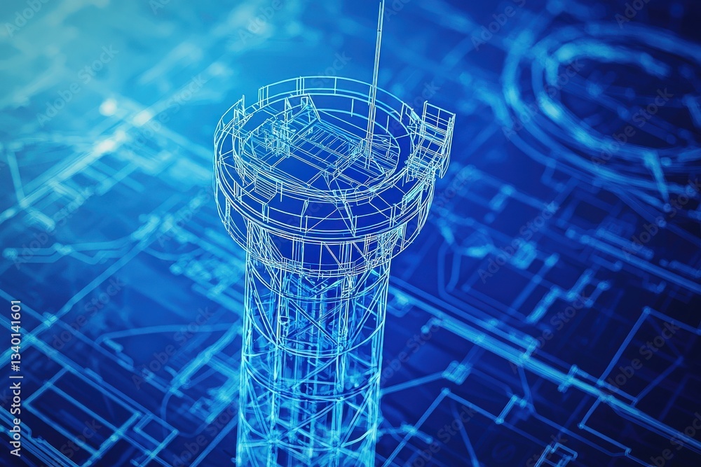 A detailed blueprint representation of a communication tower showcases intricate designs and engineering elements.