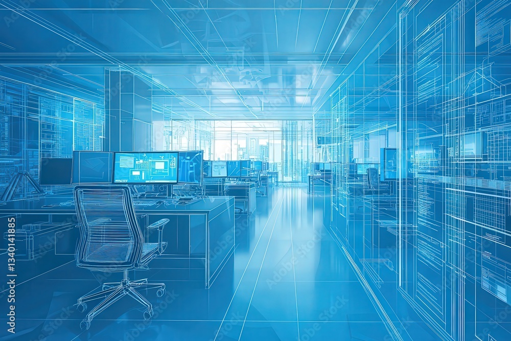 A vibrant office showcases an open layout with workstations, illuminated by natural light. Digital blueprints overlay the space, reflecting design and technology integration.