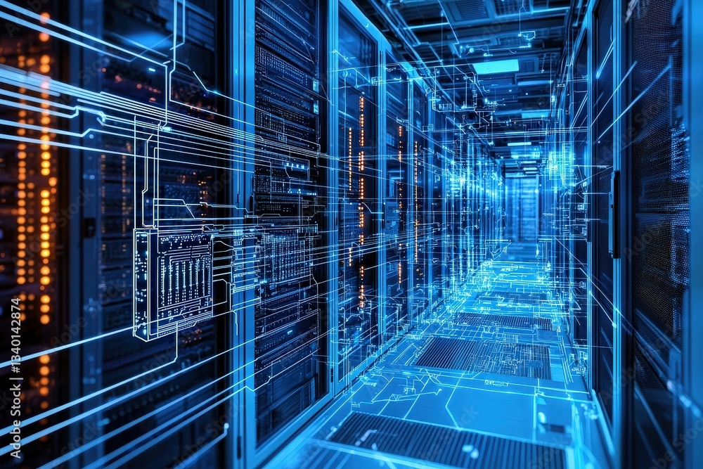 In a high-tech data center, rows of server racks are illuminated by blue light, creating a futuristic atmosphere.