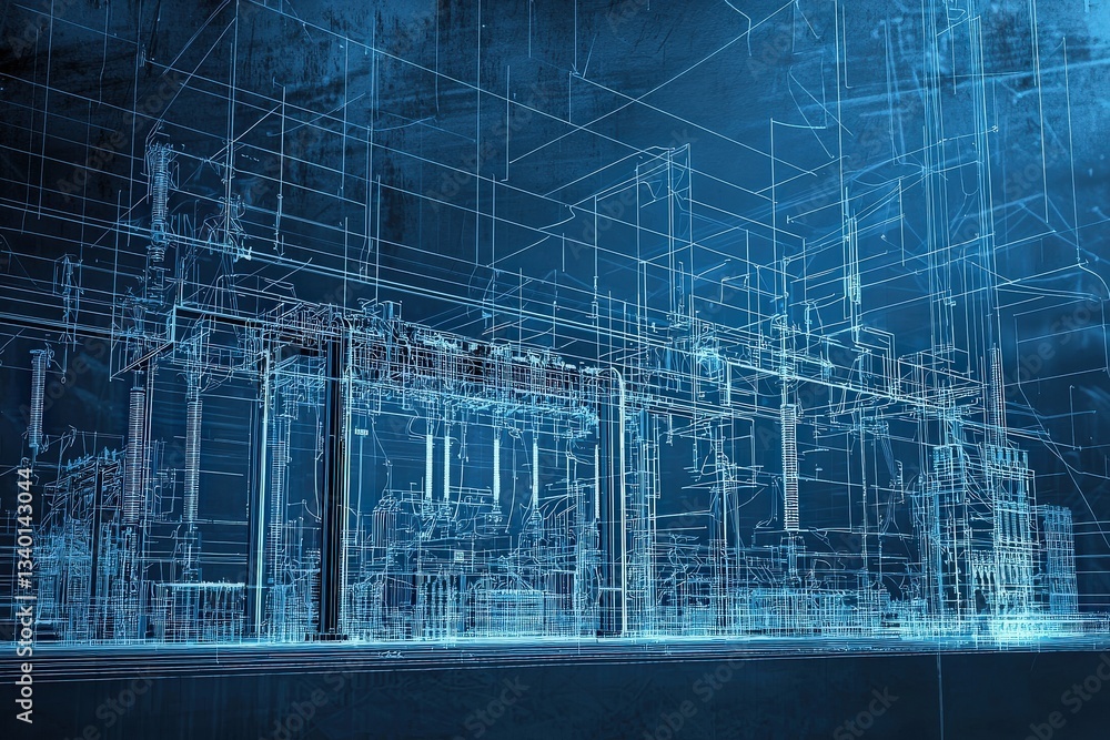 A detailed depiction of a virtual construction site with a blue wireframe design highlighting the structural elements. This visual emphasizes the complexity and planning in architectural design.