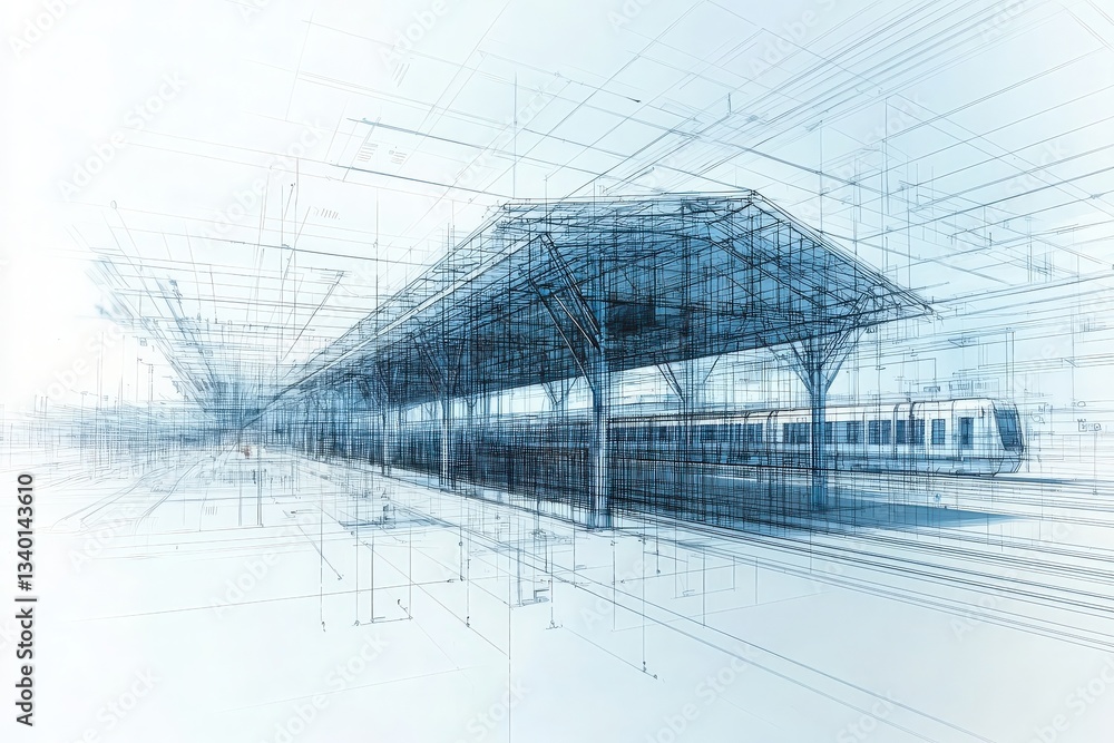 A detailed architectural drawing depicts a futuristic train station design.